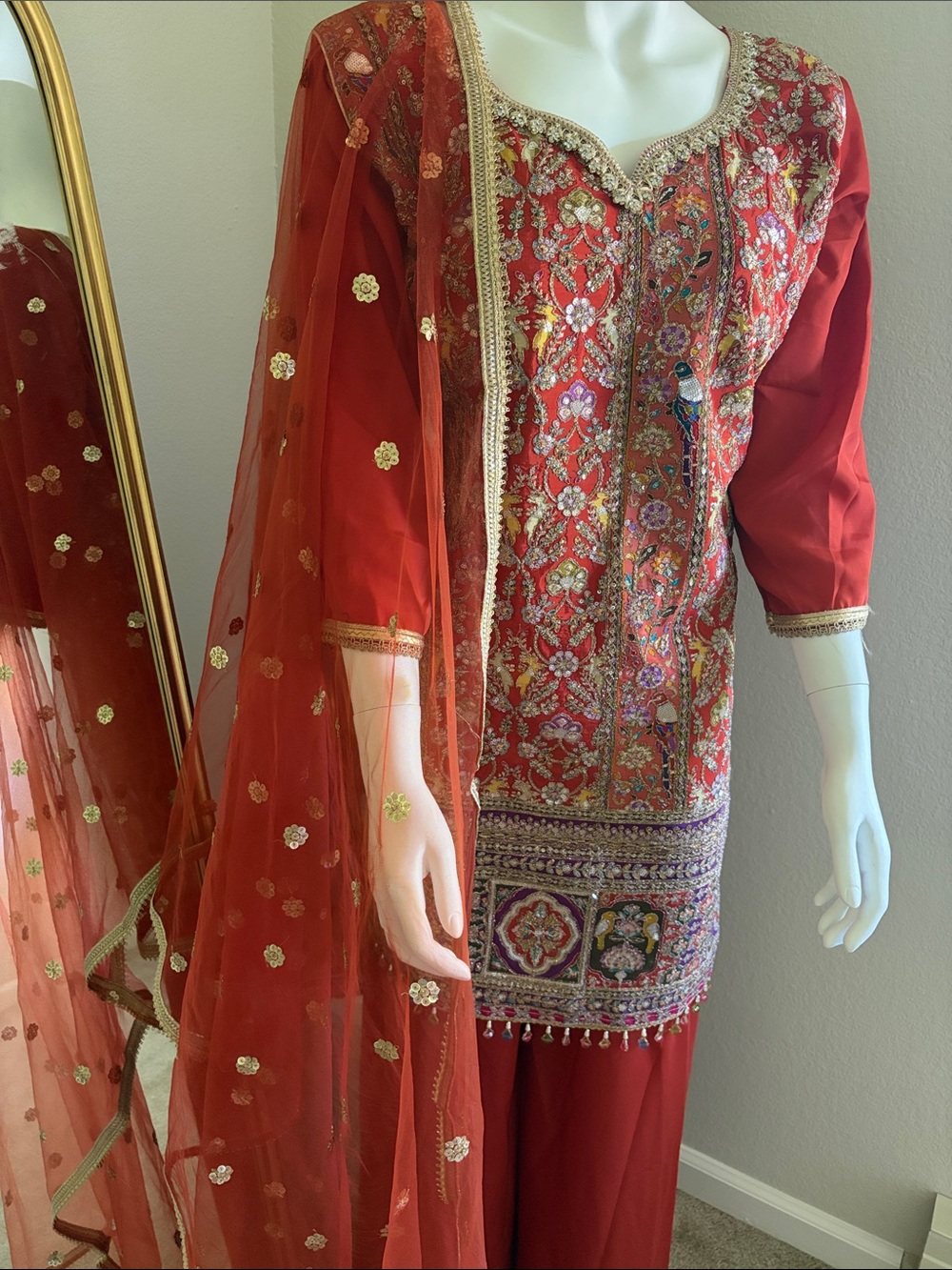 Brand new Red Embroidered Indian unit  Kameez Set with Gold Accents